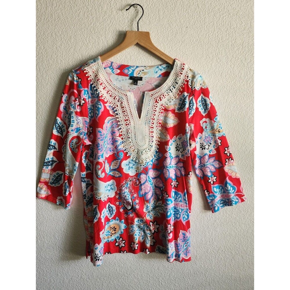 Talbots Medium Petite Vibrant Red Floral Paisley Pima Cotton Blouse